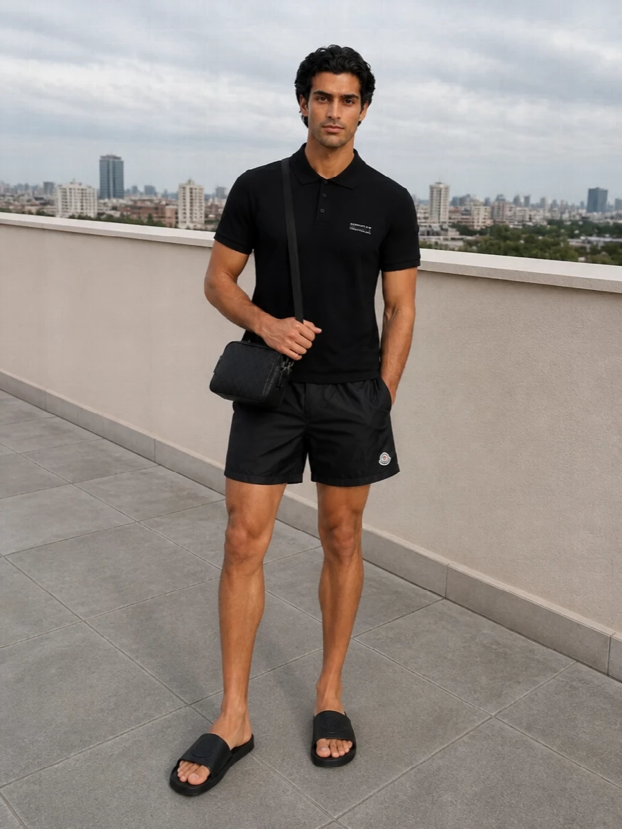 A black Moncler polo with tailored black swim shorts creates a clean, athletic base that mirrors the slides’ sharp minimalism. The head-to-toe monochrome keeps everything focused and streamlined, perfect for moving from the pool deck into the city. A compact dark GG crossbody finishes it with just enough designer attitude while staying quietly functional.