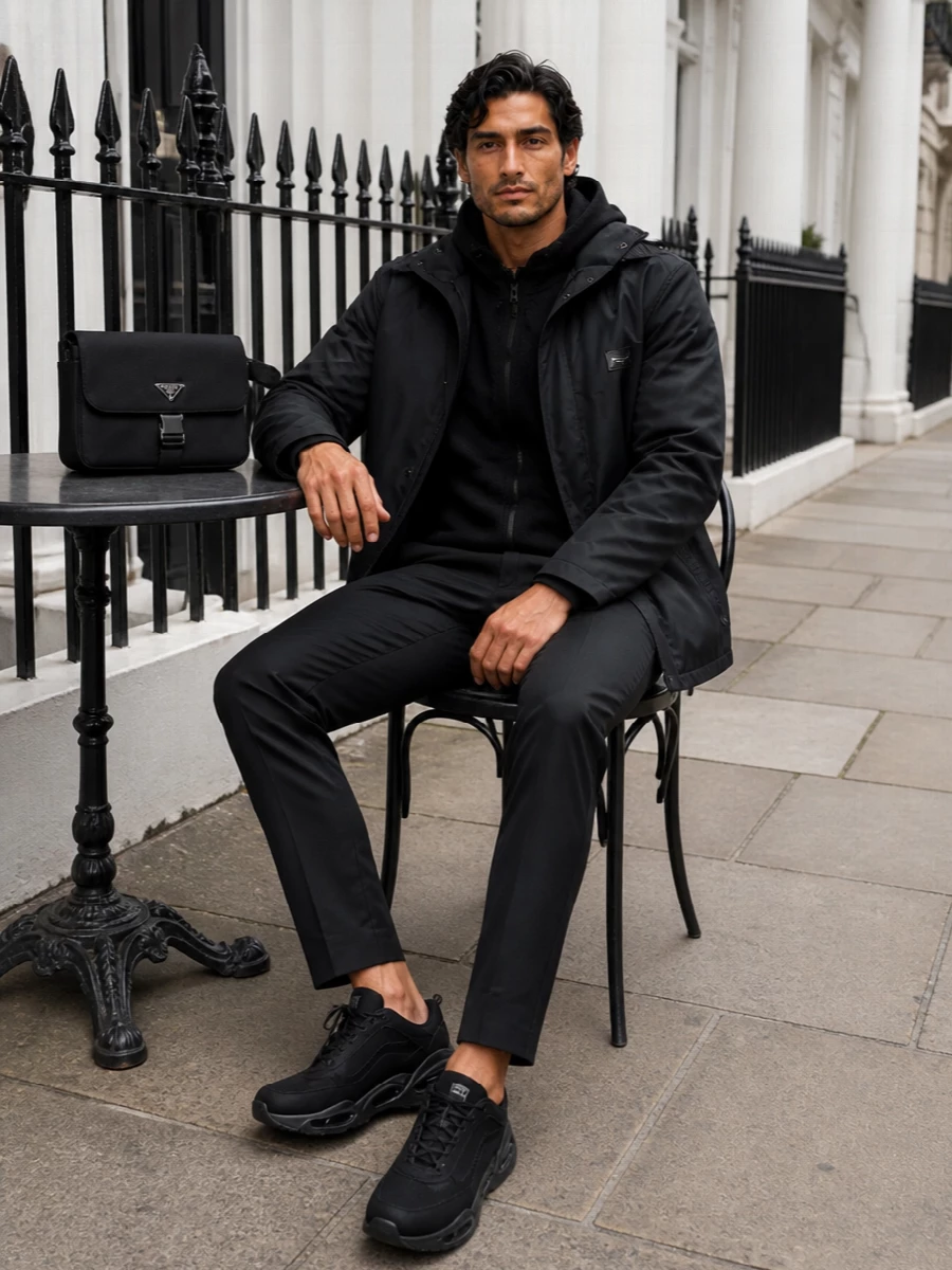 Dolce gabbana black parka tailored trousers outfit