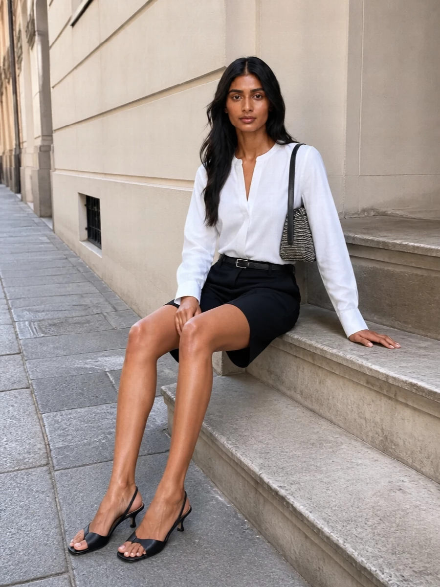 Toteme black tailored shorts white shirt outfit