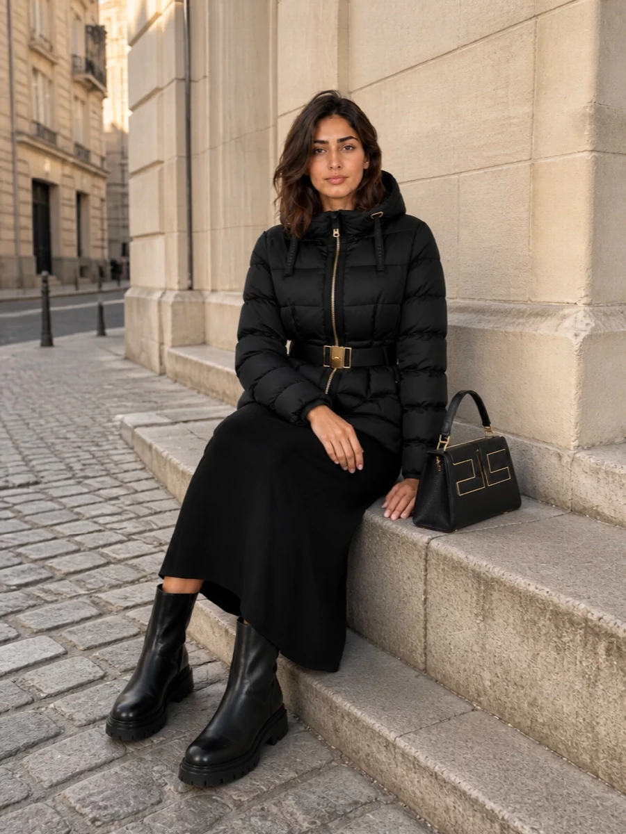 I am anchoring this around the dress rather than tailoring separates, because a single sculpted knit reads more modern and less busy under a belted, padded puffer. The black ribbed midi with turtleneck keeps a long, uninterrupted column that complements the jacket’s volume and gold details, while chunky black ankle boots and a structured logo bag keep the mood city-ready, not ski-slope literal. The result is a quietly powerful winter ensemble that feels as appropriate for dinner as it does for a sharp commute.