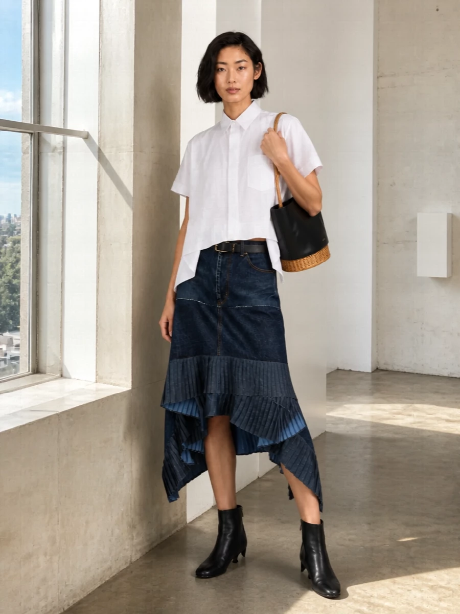 Sacai denim midi skirt asymmetric white shirt