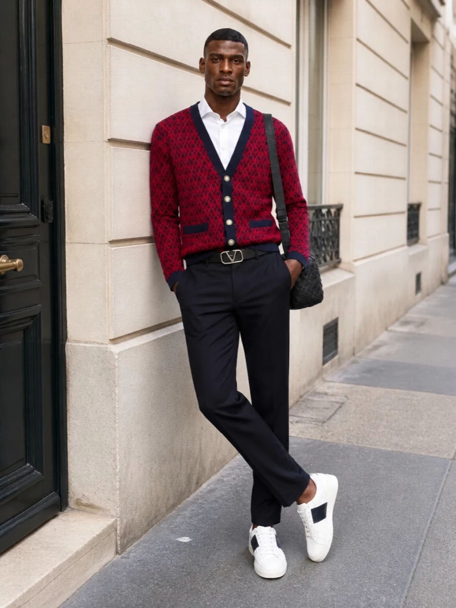 Valentino red navy cardigan smart casual outfit