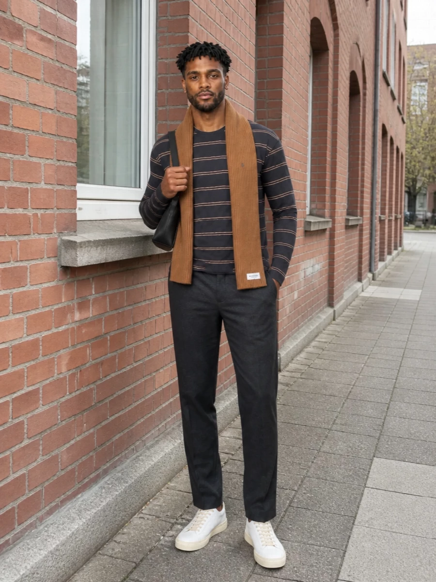 Charcoal on charcoal keeps the mood calm, with the striped tee and wool trouser reading as a single, thoughtful column of colour. Soft white sneakers and a slim black shoulder bag keep things precise but relaxed, while the camel scarf quietly echoes the stripe for a subtle sense of intention. It is an easy uniform for city days that still feels considered up close.