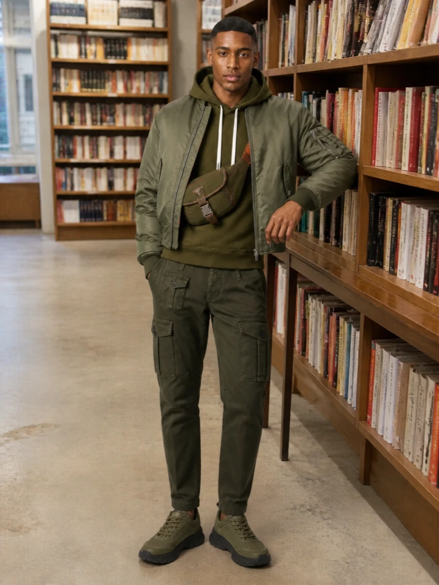 Dsquared2 bomber olive cargo pants outfit