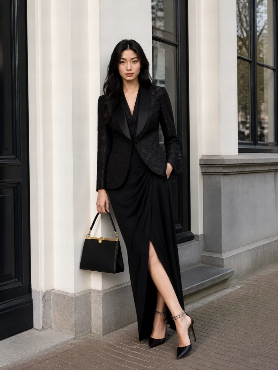 I’m styling the Etro brocade tux jacket over the black The Attico wrap maxi, so the outerwear reads as a modern smoking piece rather than competing tailoring. Aquazzura’s crystal‑cuff stilettos echo the satin lapel and jacquard texture with a precise flash of light, while the structured black Etro top‑handle keeps the whole story firmly in night‑time, high‑polish territory. The result is a monochrome evening ensemble that feels sculpted, sensual, and entirely focused on cut and surface rather than print or colour play.