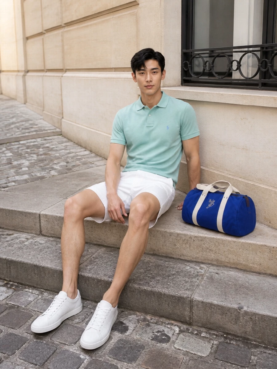 Mint and optic white keep this Ralph Lauren outfit feeling bright and coastal, with the tailored chino short giving the polo a sharper, off‑beach finish. Clean white court sneakers echo the short and let the color story stay soft on top. The royal blue duffle adds a confident preppy accent that still feels easy for travel or a city day in the sun.