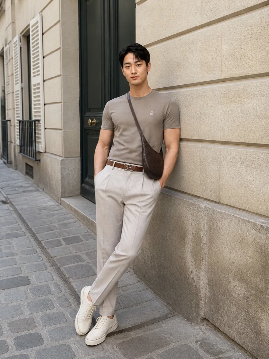 This look pairs the taupe Brunello tee with light stone pleated trousers for a tonal, softly tailored take on elevated casual. Off-white low-top sneakers keep the silhouette relaxed yet immaculate, while a chocolate Ferragamo belt and espresso Bottega crossbody introduce richer neutrals that underline the quiet-luxury attitude without adding noise. The result is an easy, SS-ready uniform that moves effortlessly from city afternoons to understated dinners.
