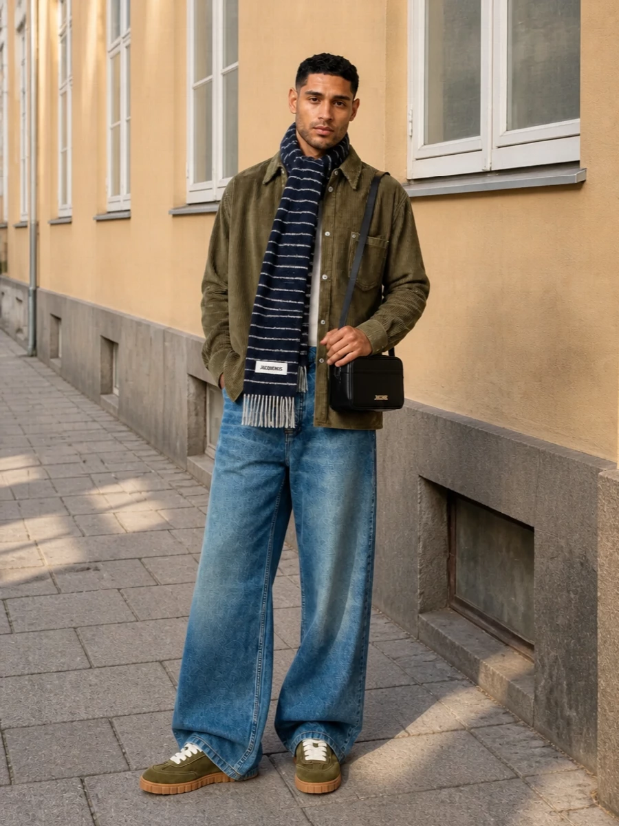 Wide-leg Ami denim sets an easy architectural base, grounded by an olive cord overshirt for warmth and texture. Olive suede sneakers echo the top while the black Jacquemus crossbody and navy striped scarf sharpen the palette just enough for clean, modern city days. The result is relaxed, graphic and quietly put together without feeling over-styled.