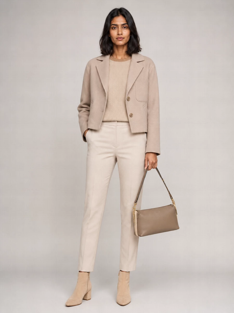 I’m building around the blazer as outerwear with soft tailoring rather than competing it against a dress, so the cropped knit and slim high-waist trouser keep the focus on proportion and texture. Tonal warm beiges and taupes create a long, uninterrupted column, while the ankle boots and structured shoulder bag add just enough structure for city days that can stretch into dinner. The result is quietly confident, minimal dressing that feels intentional but never stiff.