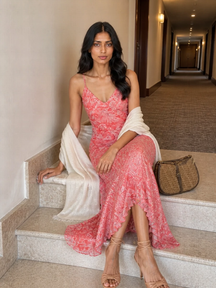 Coral paisley and tan leather lean into a sunlit, bohemian evening mood that still feels polished enough for terraces and cocktails. The clean neutral sandal and woven shoulder bag calm the print, while the soft ivory stole gives you an easy, romantic layer to play with proportions and coverage as the night cools.