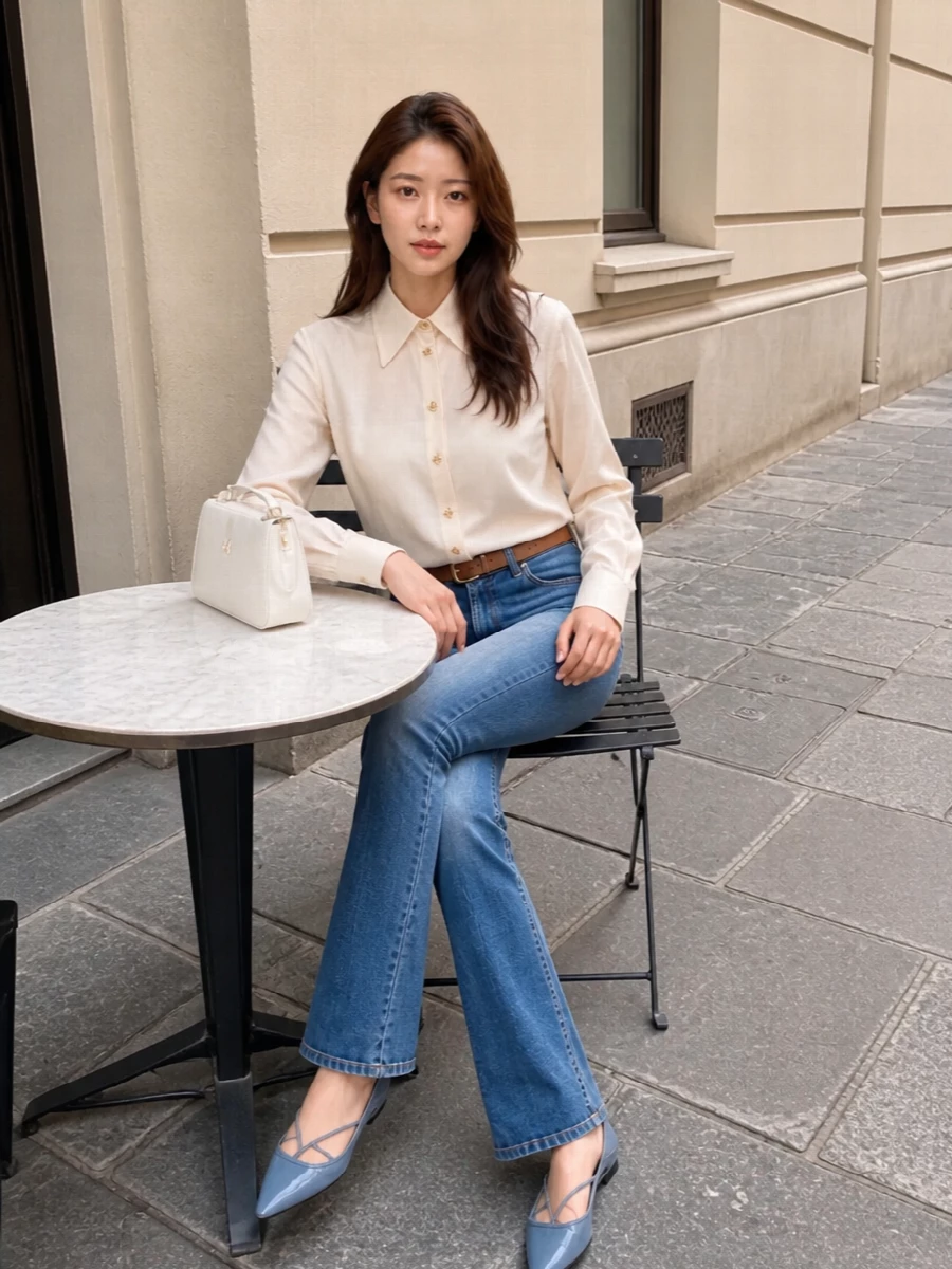 Cream silk, mid-blue denim and soft tan accents create a quietly polished, preppy combination that feels easy in the day yet considered enough for a casual dinner. The mid-rise flared jeans balance the pointed flats, while the slim belt and structured shoulder bag keep the line clean and intentional. It is relaxed, feminine and discreetly luxurious without tipping into formality.