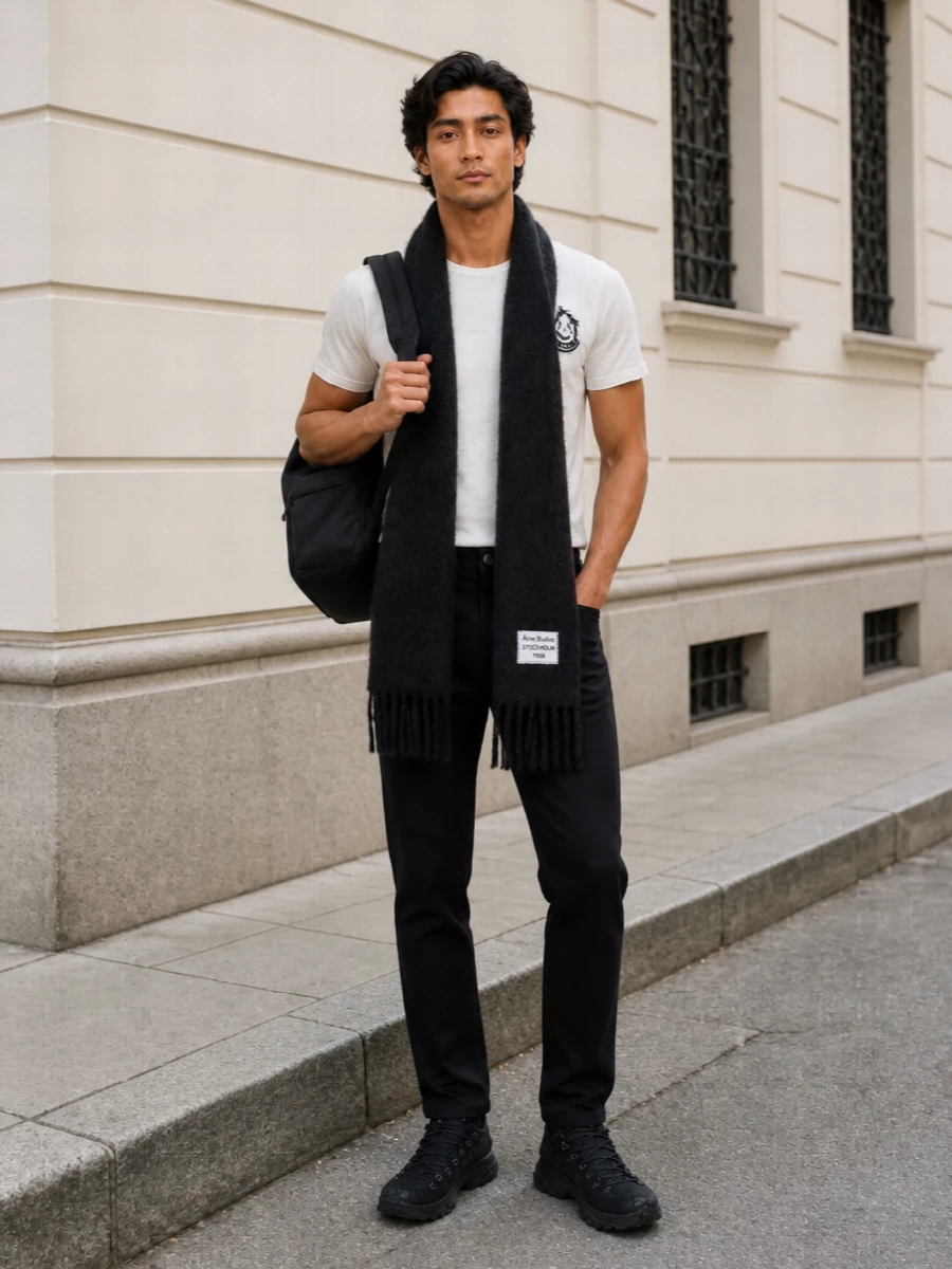Moncler white tee black jeans sneakers mens