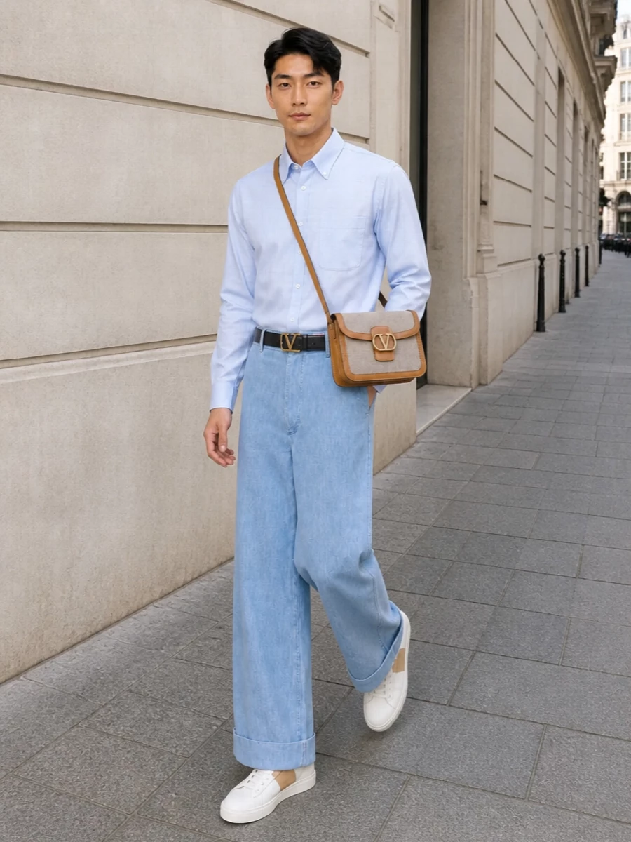 Valentino light denim trousers pale blue shirt