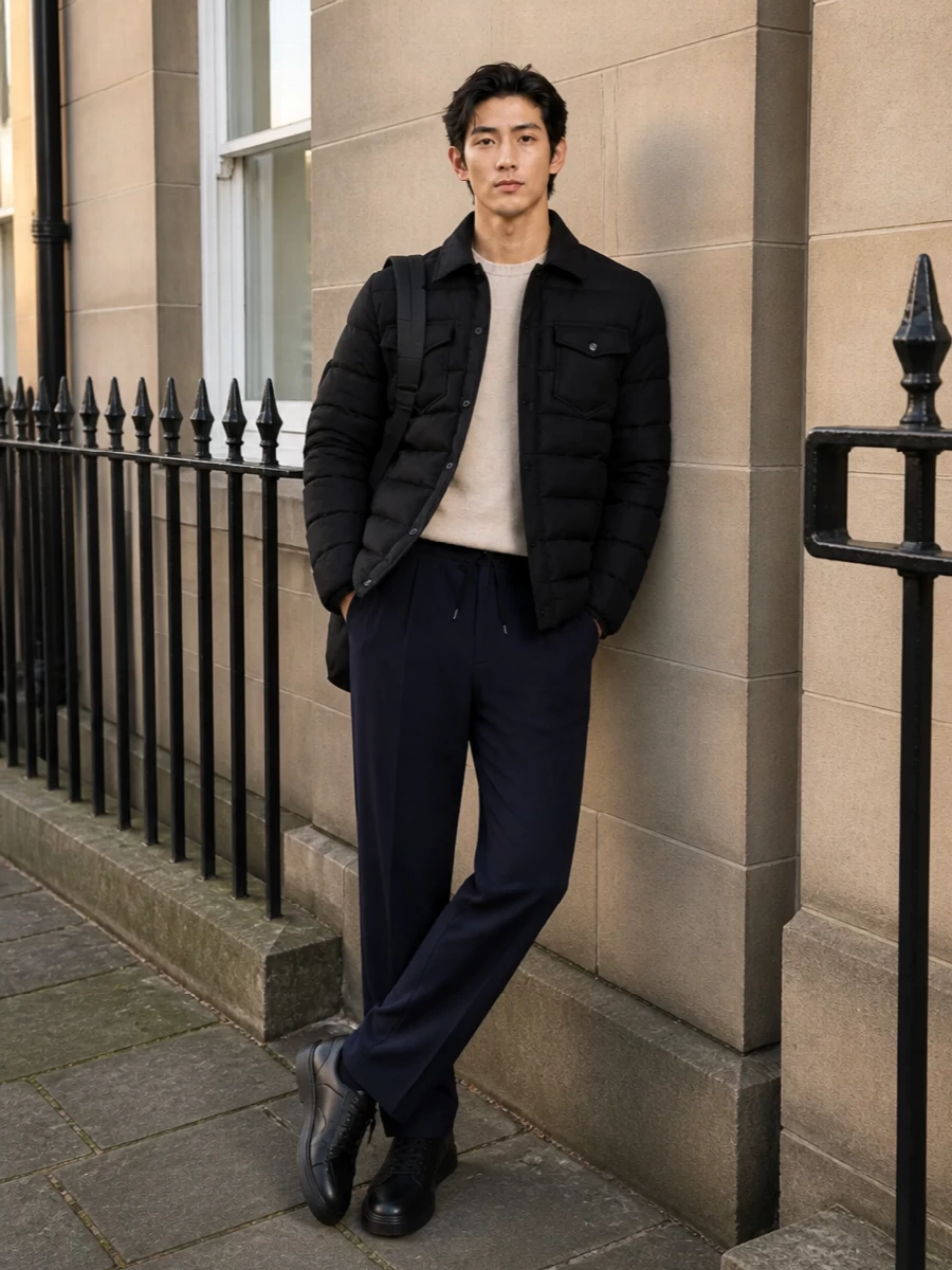 Herno padded jacket navy trousers sneakers