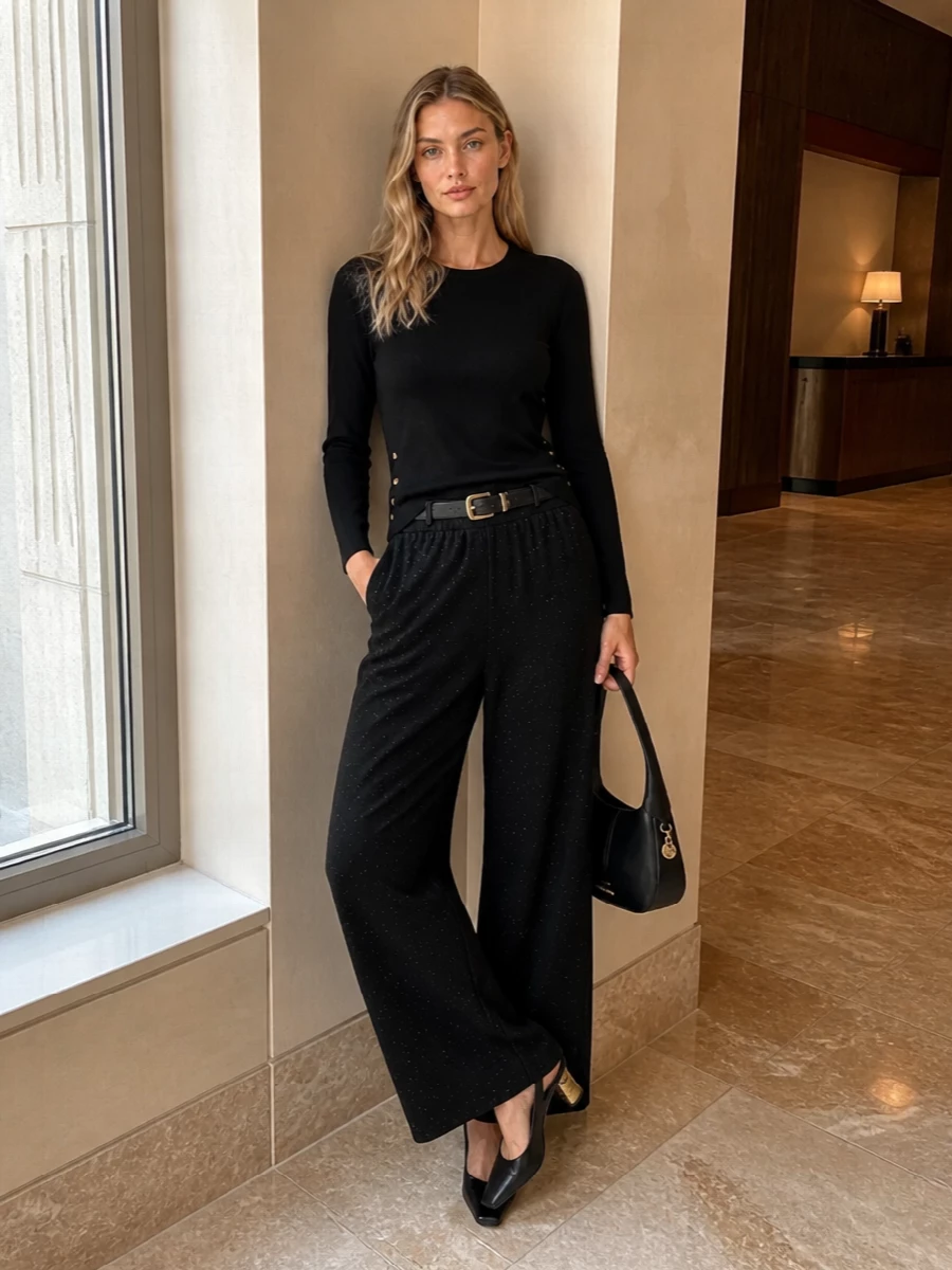 Herno black knit wide leg trouser outfit