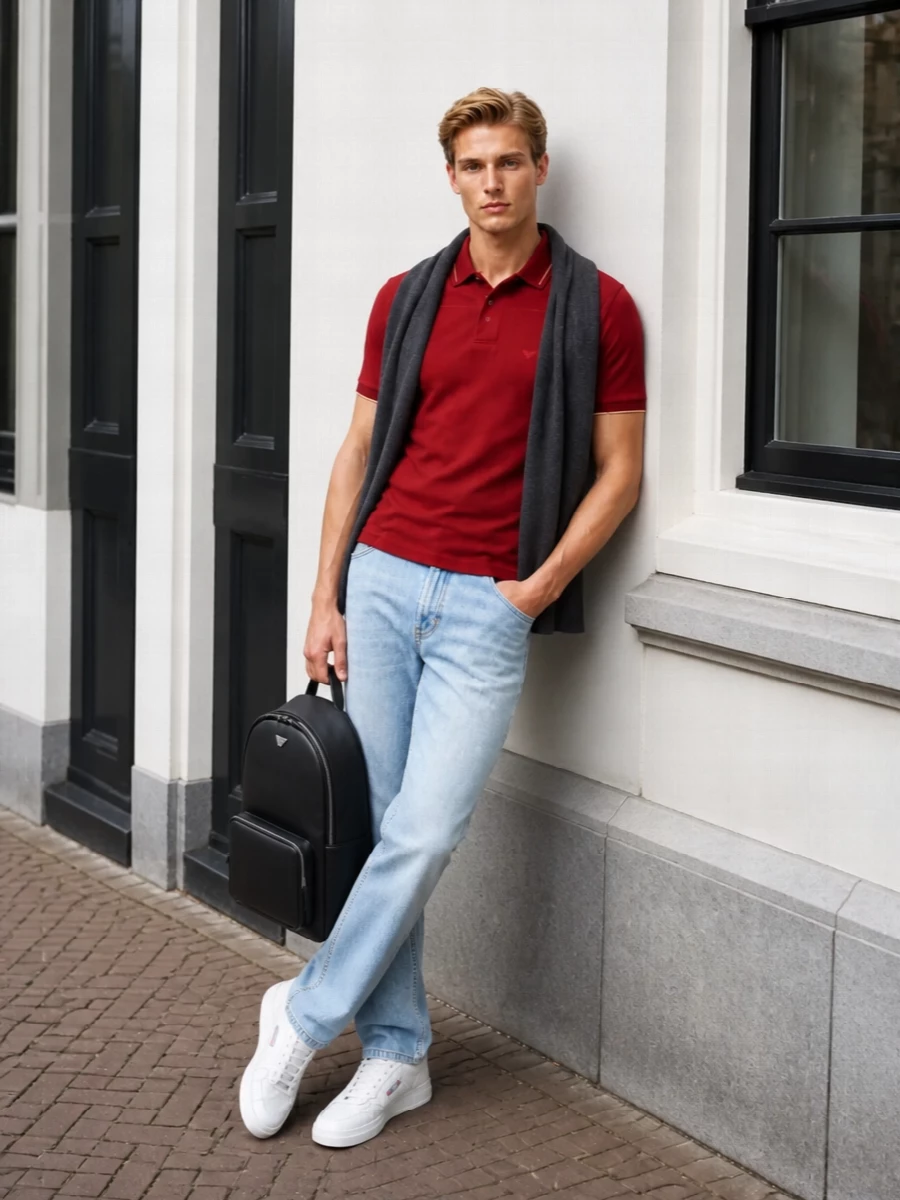 Emporio armani red polo light wash jeans outfit