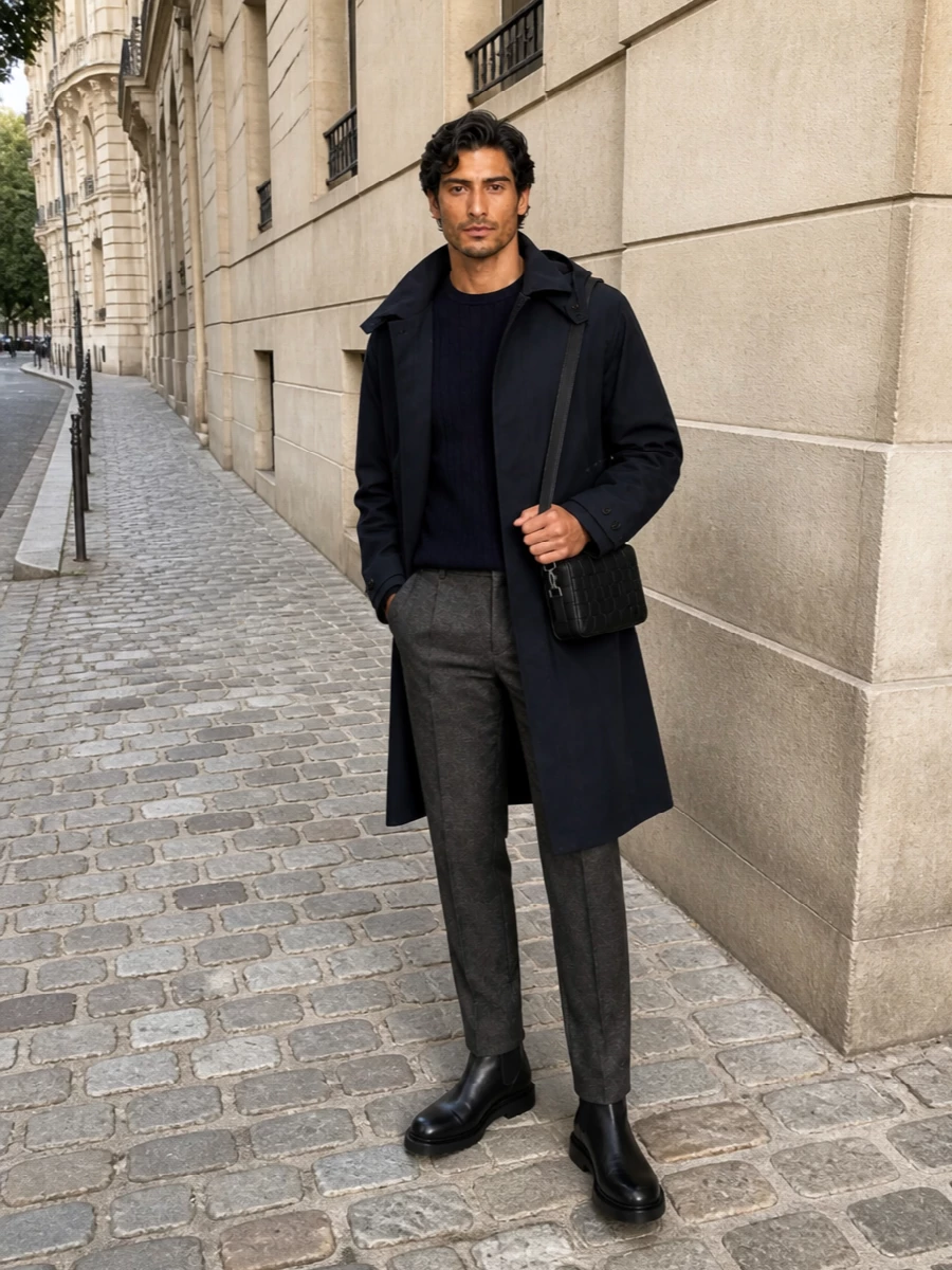 Bottega veneta navy coat charcoal trousers