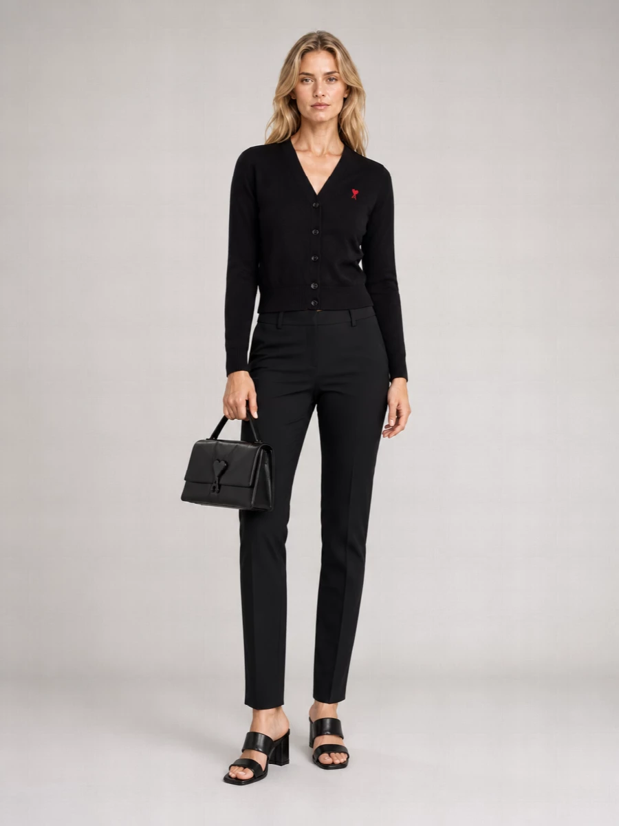 Ami Paris Merino Wool V-Neck Ribbed Cardigan
