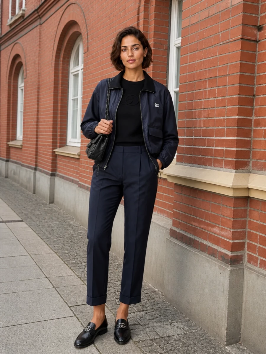 I’m treating the Miu Miu bomber as the hero and building a minimal, city-uniform story around it, so I’ve gone down the top-plus-trouser route instead of fighting it with a dress. The black Gucci sweatshirt slips under the cropped nylon cleanly, the tailored navy cuffed trouser gives you length and structure, and the loafers plus matte black chain bag sharpen the whole thing into quiet, off-duty polish. It reads as grown-up streetwear that can move from errands to an informal dinner without changing a piece.