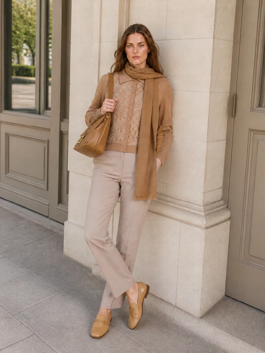 Ermanno cardigan tailored beige trousers camel
