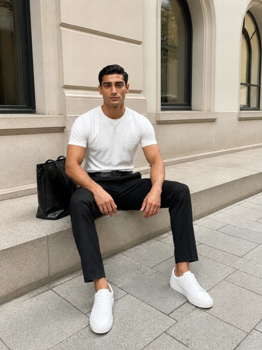 Dolce gabbana white tee black trousers outfit