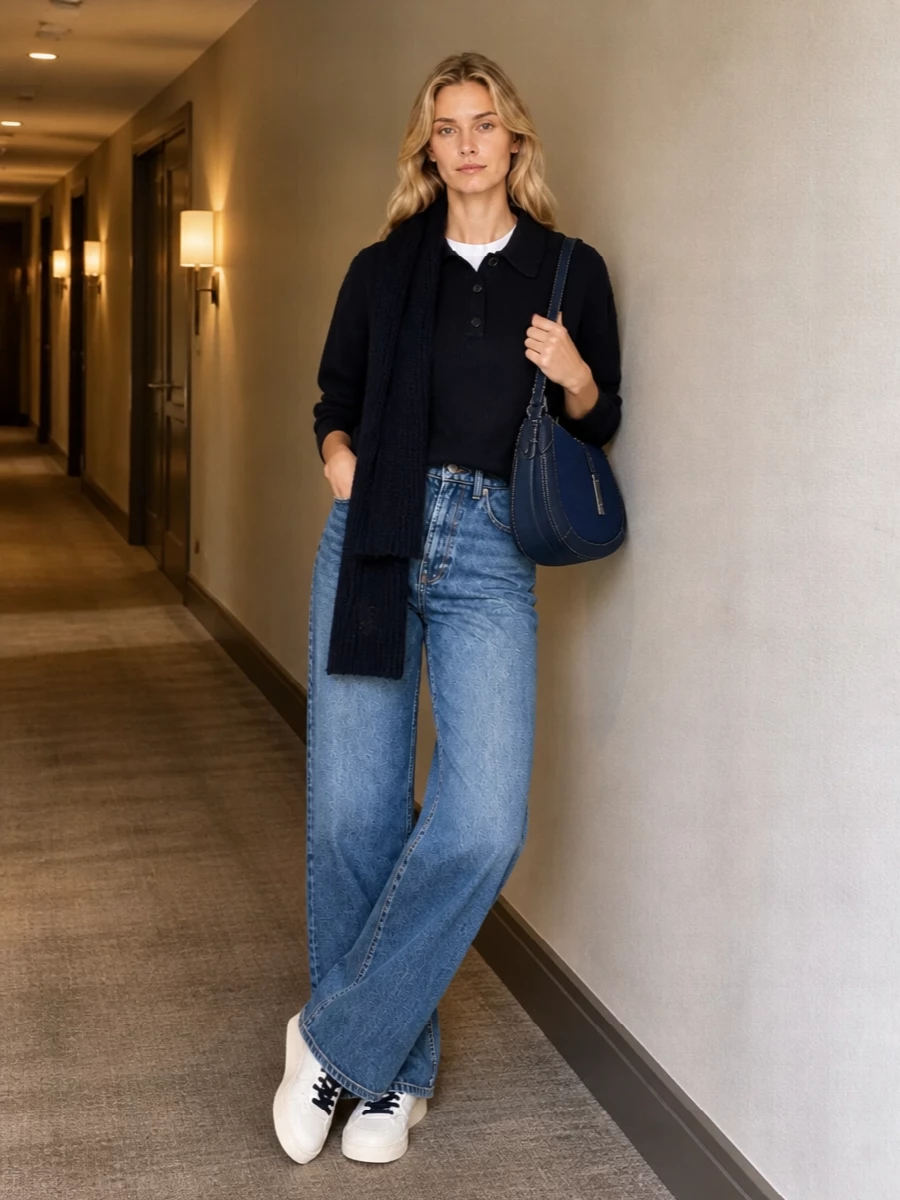 Anine bing navy polo wide leg jeans autry sneakers