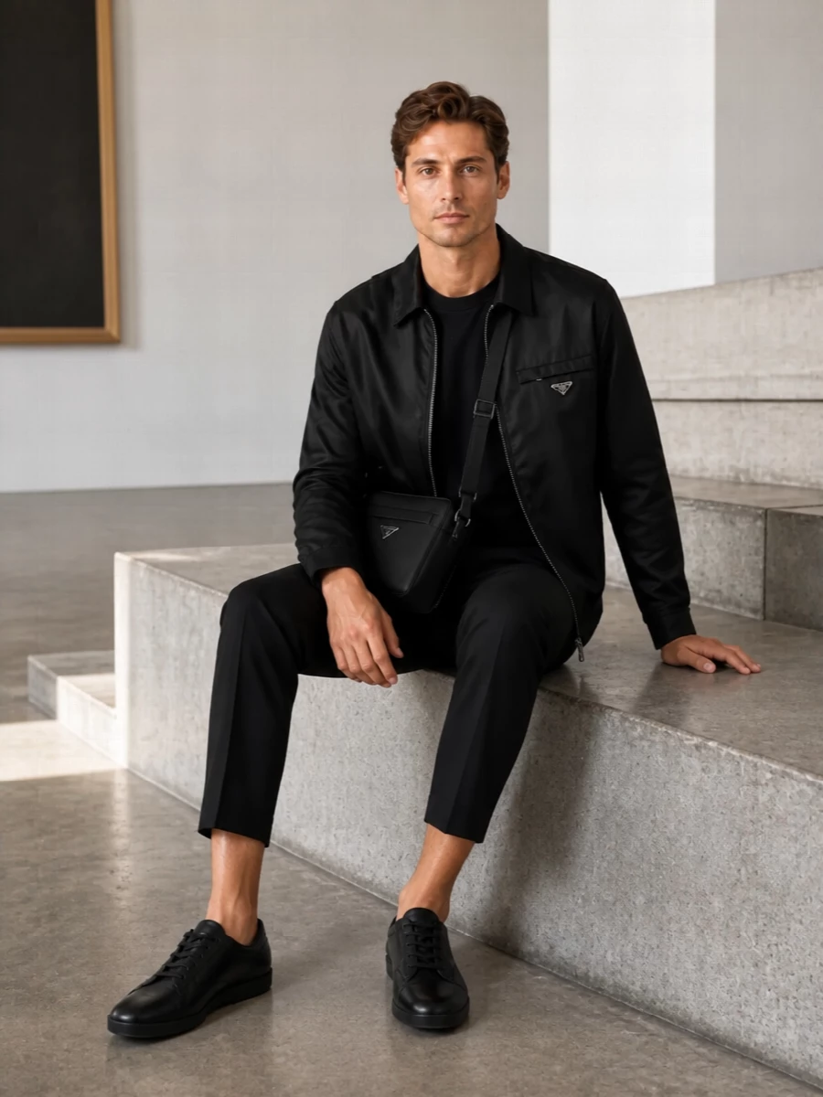 Prada nylon jacket black cropped trousers outfit