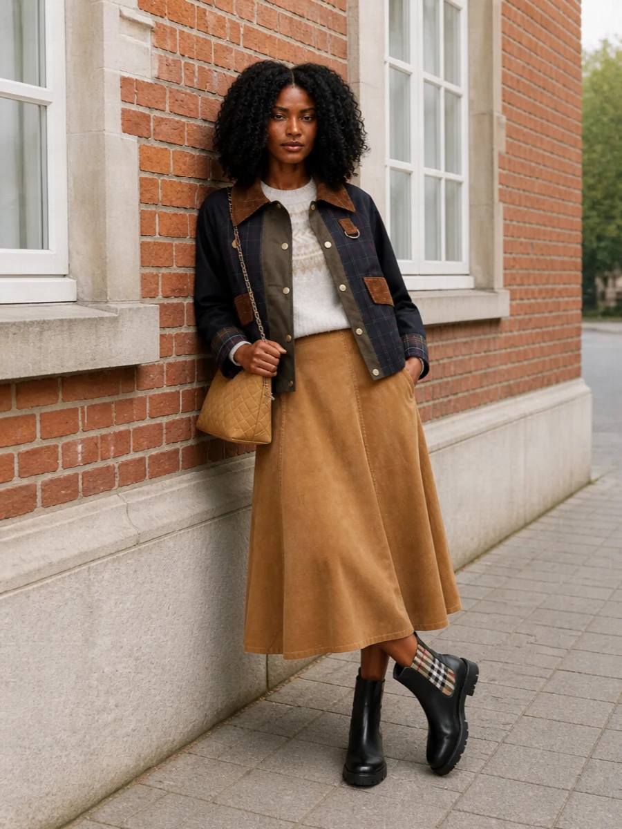 Barbour wax jacket fair isle knit midi skirt outfit