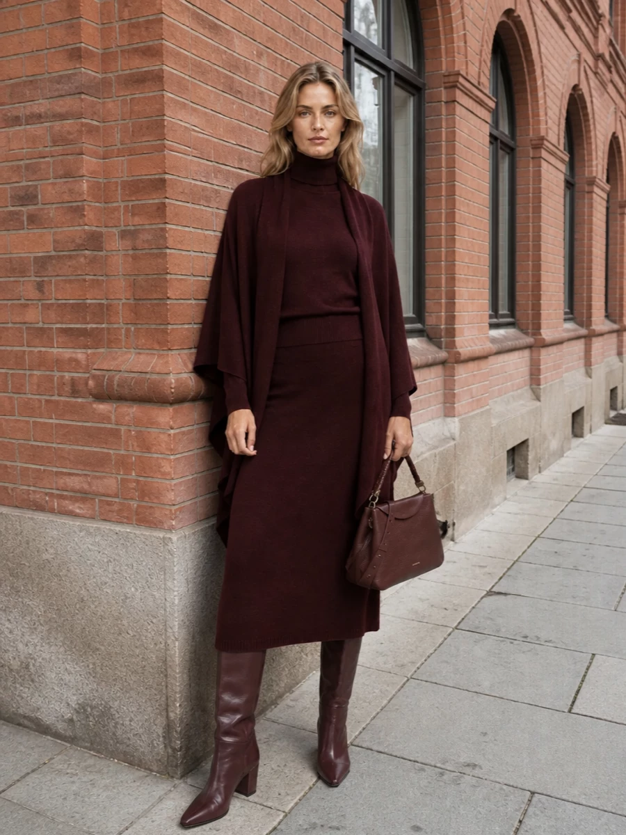Max mara burgundy knit skirt knee boots outfit