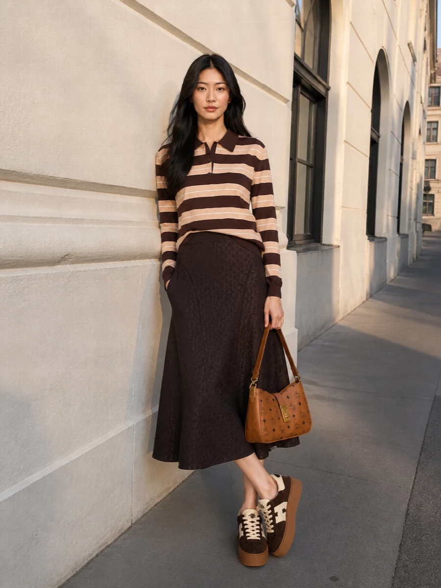 Miu Miu’s striped polo meets Fendi’s chocolate jacquard midi for a rich, collegiate palette that feels grown-up and quietly polished. Chunky Hogan platform sneakers keep the mood relaxed and modern, while the cognac MCM shoulder bag adds a structured, logo-leaning nod that still reads subtle. The result is a softly preppy, city-ready outfit that works from coffee runs to low-key dinners with a single half-tuck and maybe a fine gold earring.