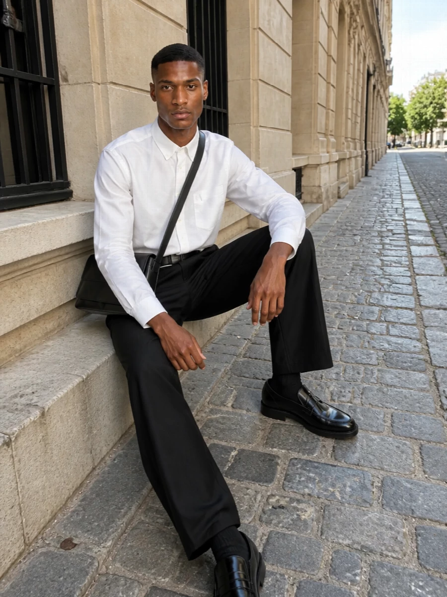 A crisp white Ami shirt and the high-rise black pleated trousers create a clean, modern take on city tailoring, all contrast and control. A glossy Tod’s loafer and Prada belt keep the line sharp but unfussy, while the Dries crossbody adds just enough structure for a polished day-to-dinner uniform.
