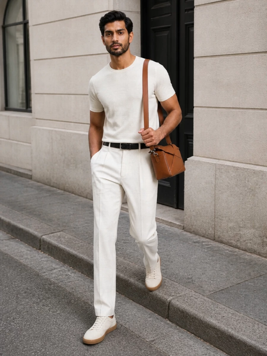 An ivory Zegna knit pairs with softly pleated ivory trousers for a clean, tonal column that feels light yet impeccably put-together for warm-weather city dressing. Cream leather sneakers keep the silhouette relaxed but polished, while a tan structured Loewe bag and a discreet black belt add just enough contrast to underline the quiet-luxury attitude without disturbing the minimalist calm.