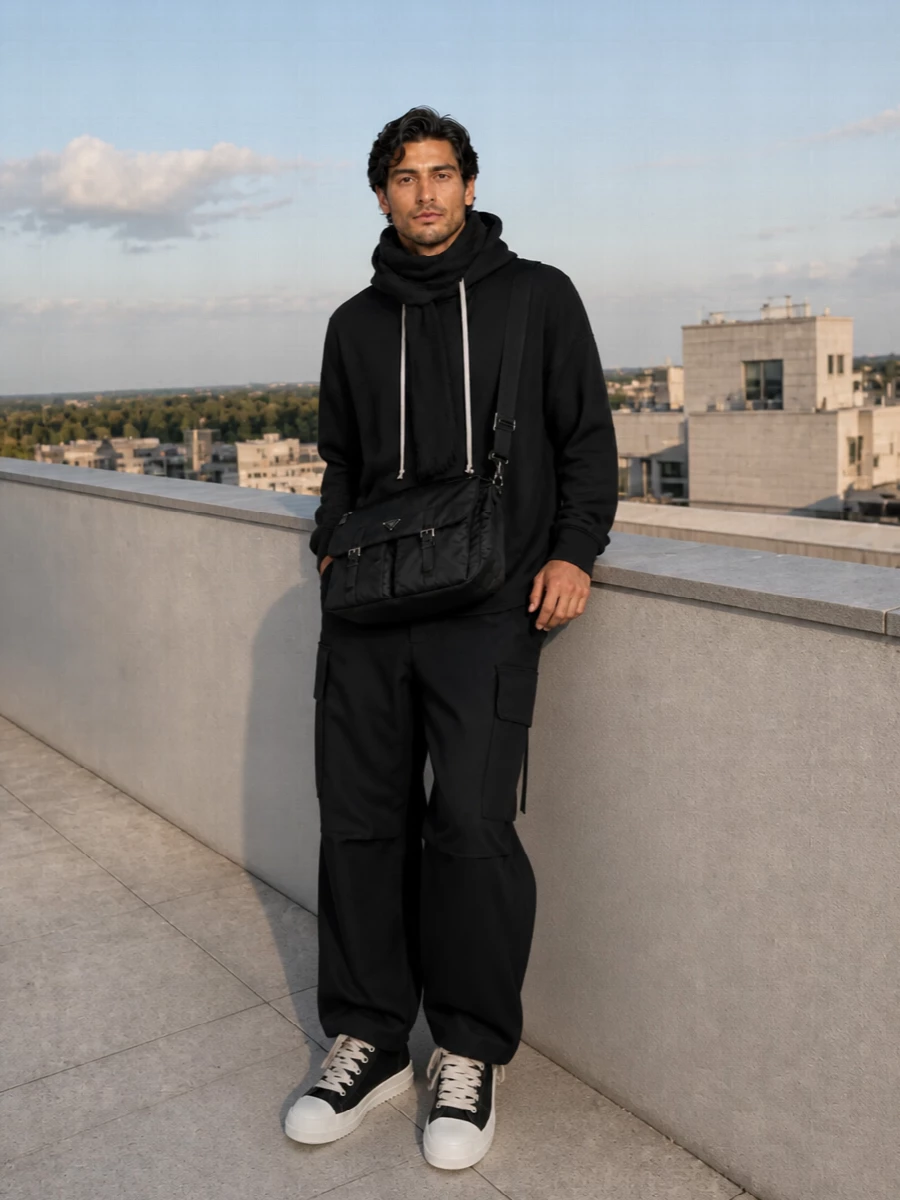 Rick owens hoodie cargo trousers high top sneakers