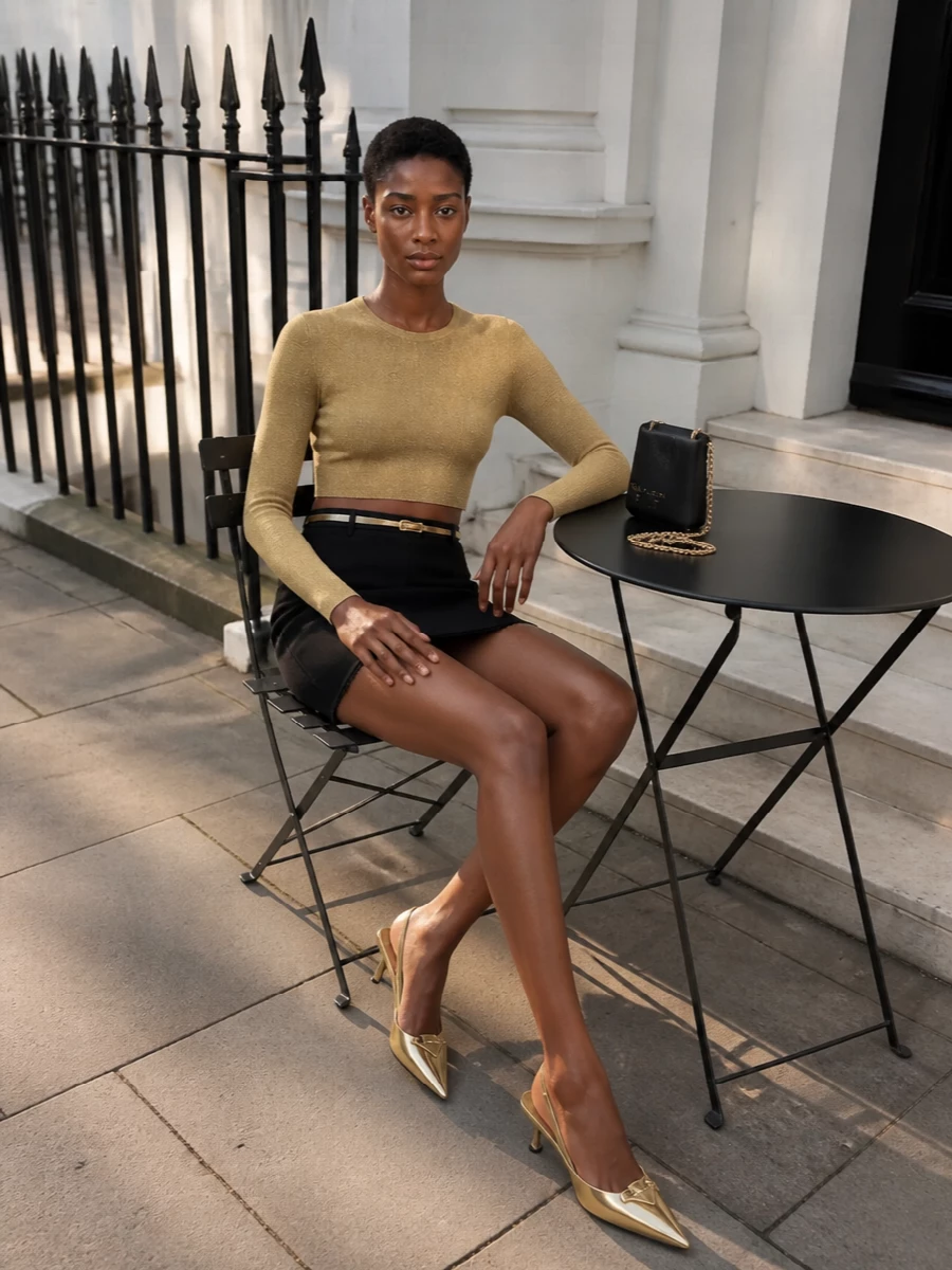 A cropped metallic gold knit meets a razor-sharp black Prada mini for a compact, leggy party uniform. Gold slingbacks and a slim crystal belt extend the shine from shoulder to toe, while a small black chain bag keeps the whole palette tight and polished for after-dark city energy.