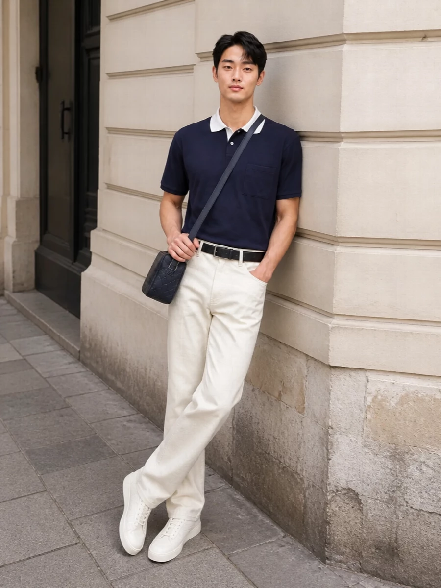 The look centers on a navy Gucci knit polo with a crisp white collar, grounded by ivory straight-leg trousers for a sharp yet relaxed SS contrast. Perforated ivory low-top sneakers keep the palette light and sporty-elegant, while a navy intrecciato crossbody and a sleek black belt introduce subtle texture and craftsmanship without disturbing the minimalist, quiet-luxury feel. It’s an easy, preppy-leaning uniform that moves effortlessly from smart daytime plans to understated evening dinners.