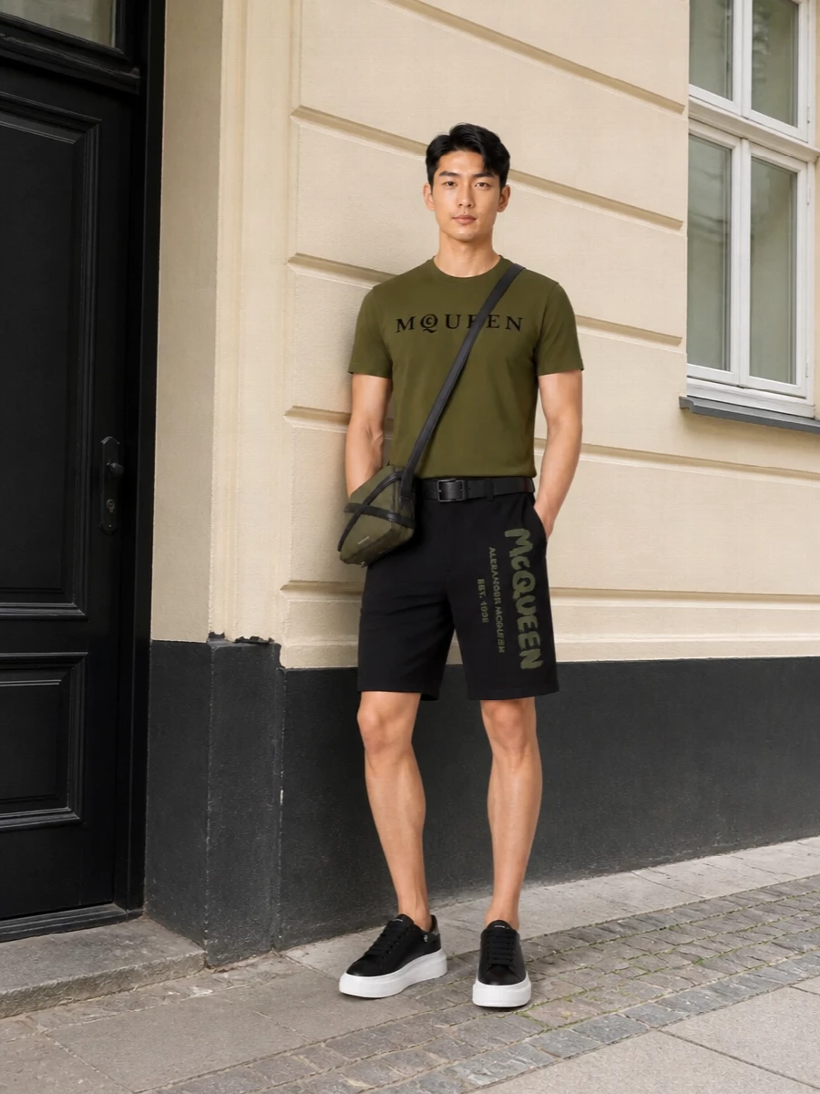 Mcqueen olive logo tee black shorts sneakers