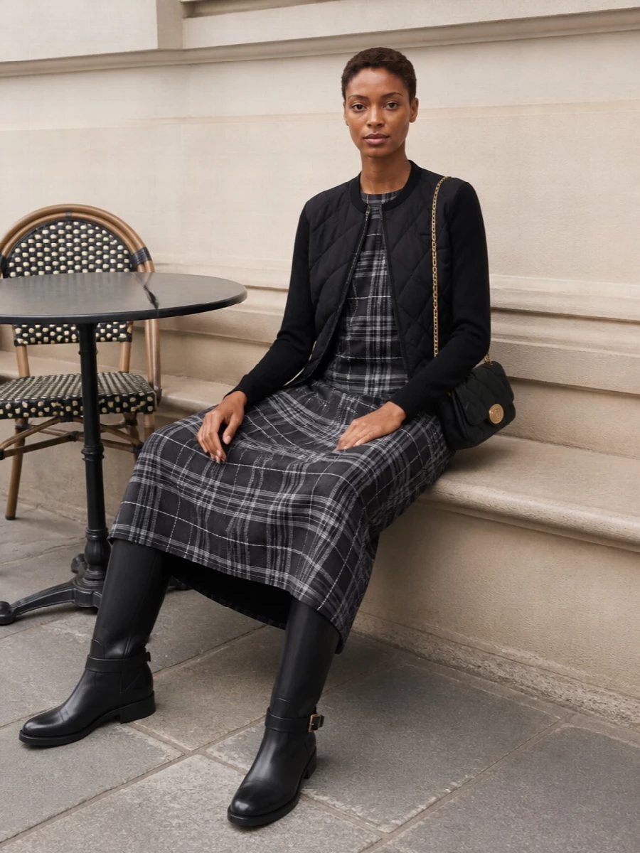 Burberry quilted coat plaid midi dress boots