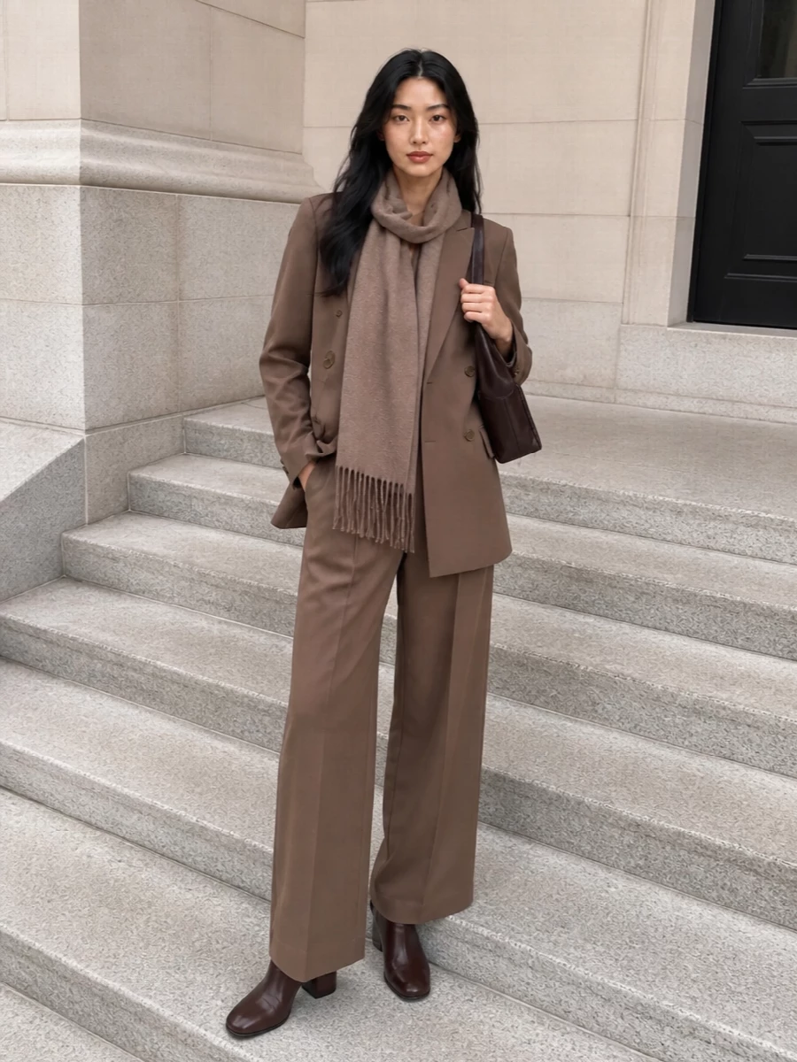 Mm6 blazer camel wide leg trousers outfit