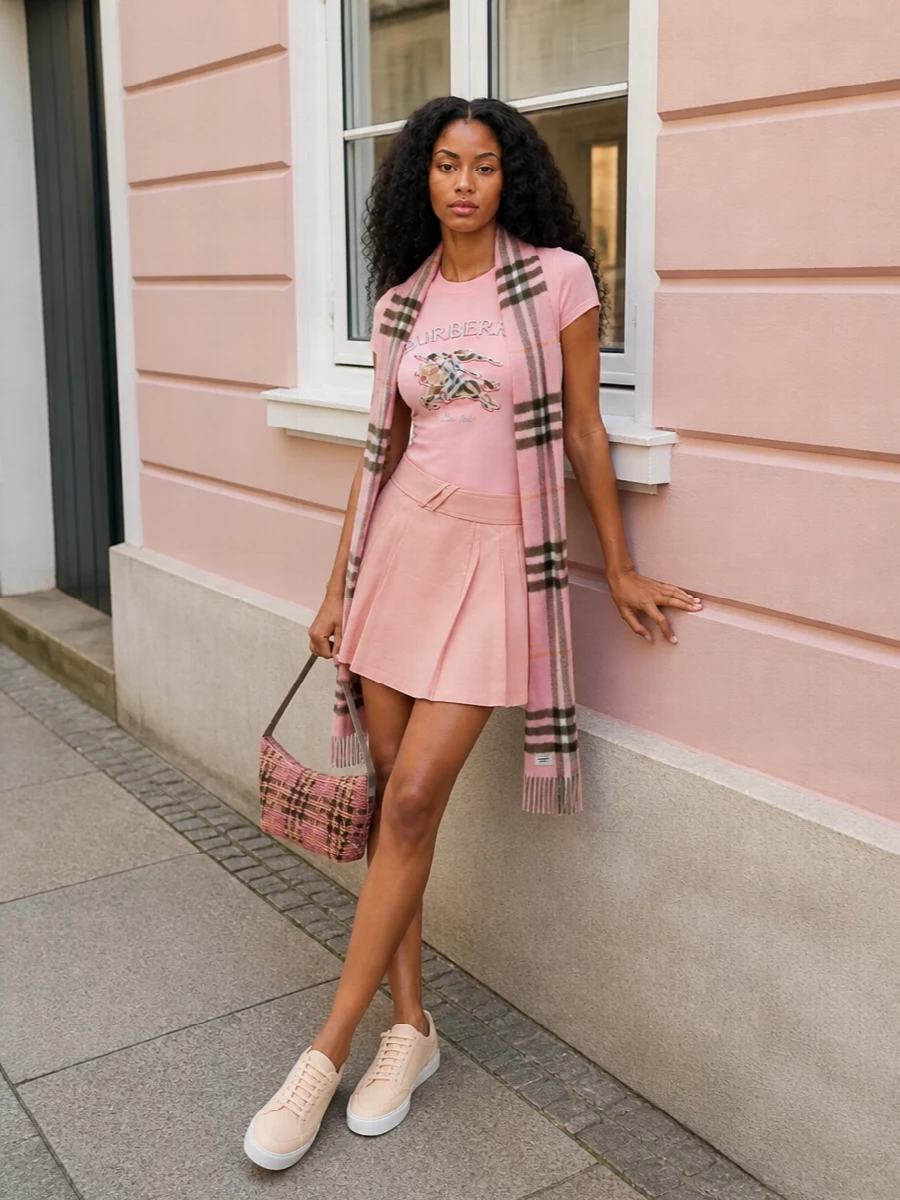 Burberry blush mini skirt nude sneaker outfit