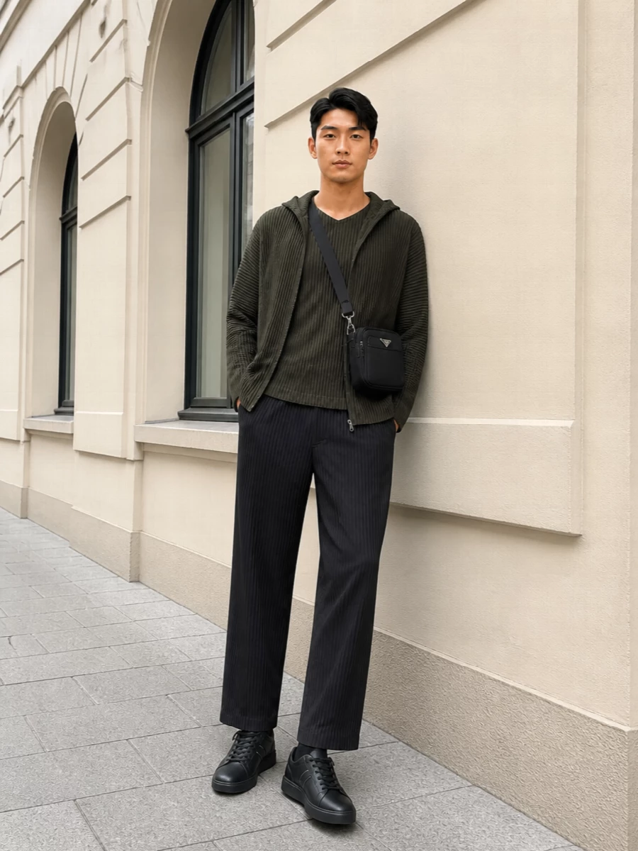 Homme plisse pleated hoodie black trousers