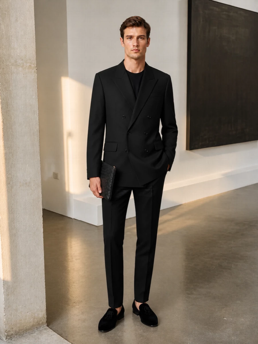 An all-black evening ensemble that leans into texture rather than shine, pairing structured tailoring with the softness of velvet underfoot. The double-breasted jacket and satin-trimmed trousers create a long, uninterrupted line, so the almond-toe loafers feel intentional rather than ornamental. The woven clutch keeps everything in the same discreet, high-luxury register without breaking the monochrome mood.