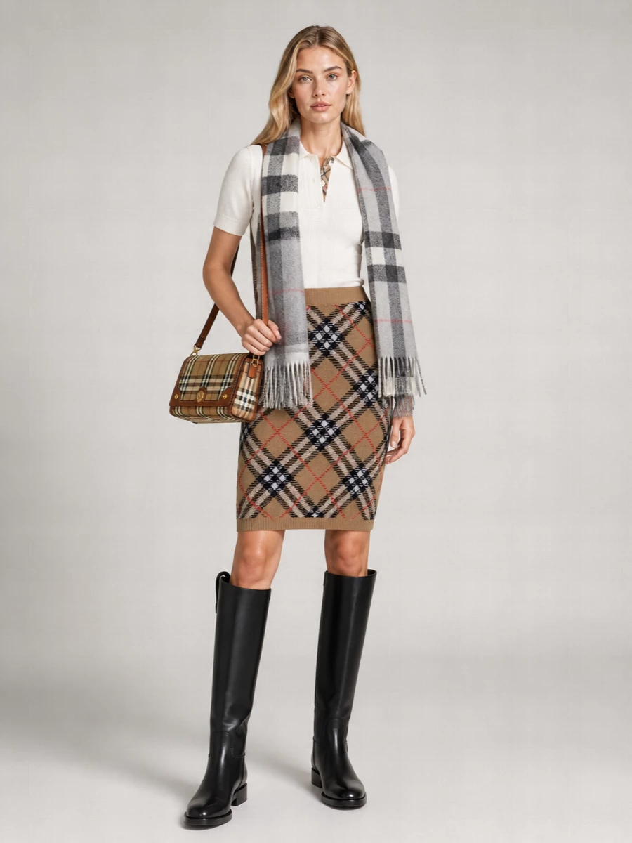 Burberry Wool Blend Checked Ribbed Mini Skirt