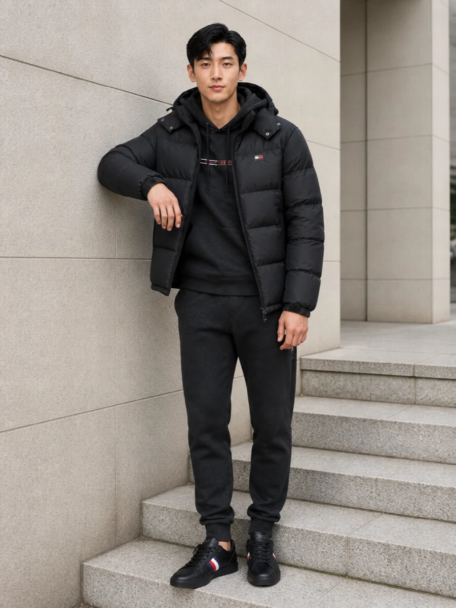 Tommy hilfiger charcoal puffer jogger outfit