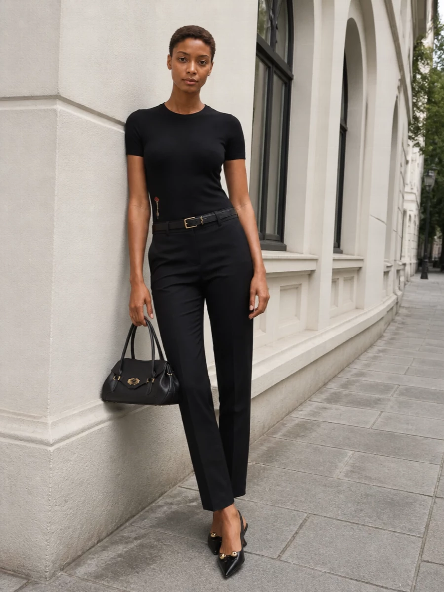 A black-on-black Lanvin pairing lets the jeweled detail at the hem read as a discreet piece of jewelry rather than decoration. Clean high-rise tailoring, a defined waist and a sharp pointed slingback keep the silhouette elongated and precise, while compact gold hardware on belt and bag quietly ties the whole composition together for dinners, events or any night that asks for polish without spectacle.