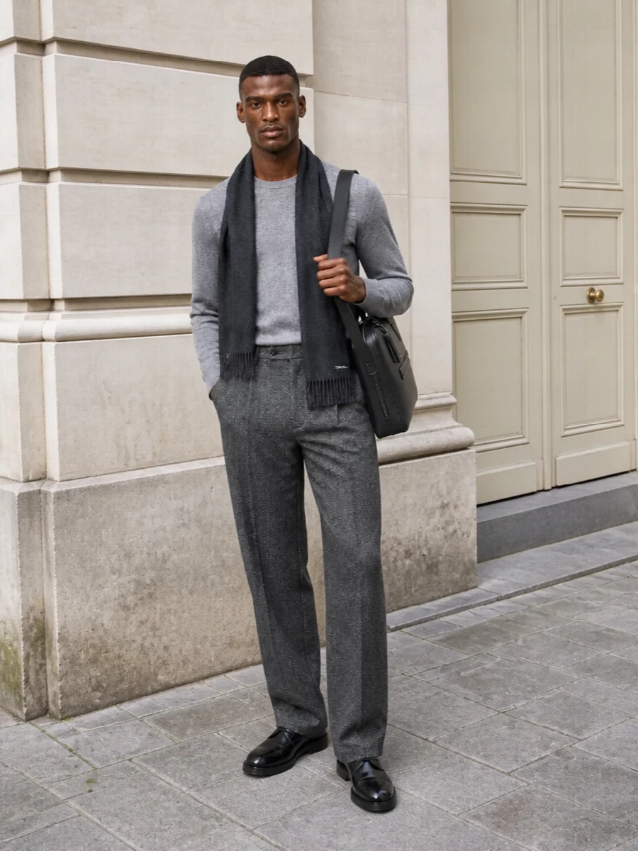 Armani grey trouser outfit prada derby