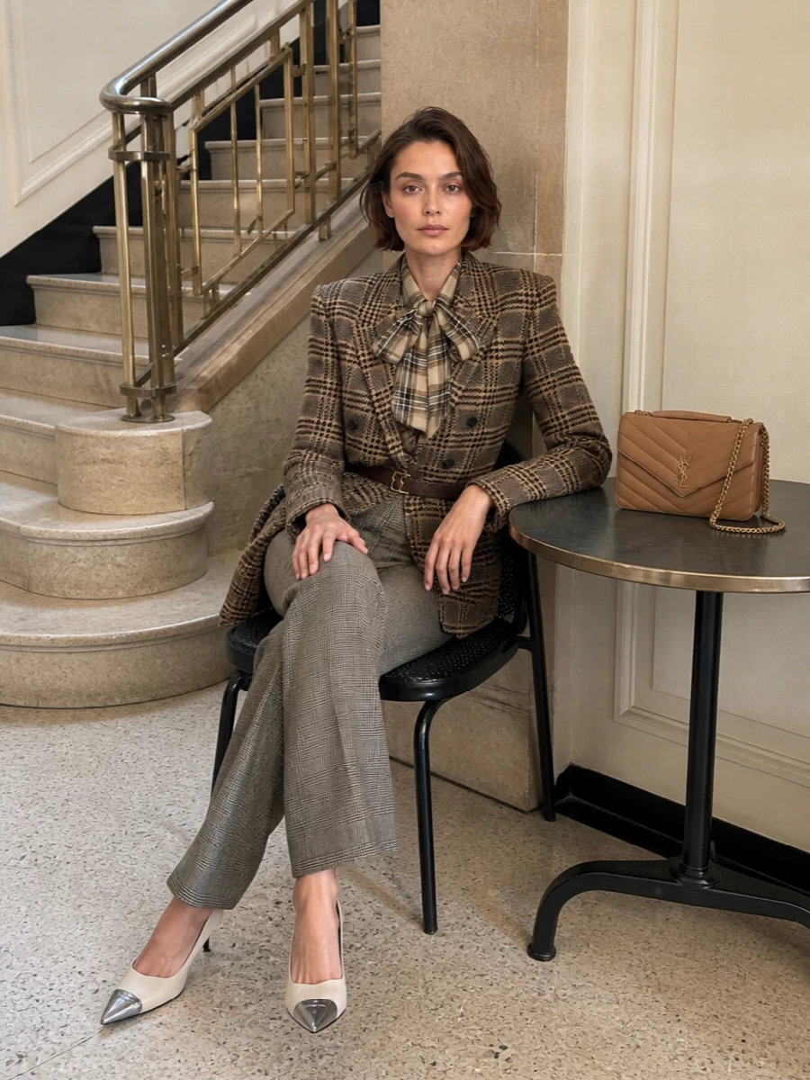 Heritage Saint Laurent checks are sharpened here with a precise flared trouser and a cinched waist, keeping the strong-shouldered blazer firmly in modern boardroom territory. Cream cap-toe slingbacks lighten the tailoring and echo the soft tones in the plaid, while a camel quilted shoulder bag and slim brown belt quietly reinforce the warm, Parisian suiting palette. It is a polished, menswear-inspired ensemble that reads powerful yet softly refined from client meeting to late dinner.
