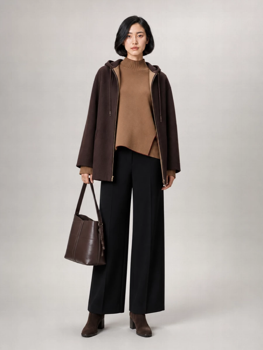 I am staying with the top and trouser path rather than a dress, because the source coat already suggests an easy knit plus wide-leg uniform and the separates keep it versatile for daily city use. The camel mock-neck and black high-waisted trouser create a long, calm base column that lets the cocoa coat read as a considered outer layer rather than loungewear. Dark chocolate boots and a matching structured bag finish the palette in a restrained way, so the whole outfit feels quietly composed and winter-ready without any single piece shouting.
