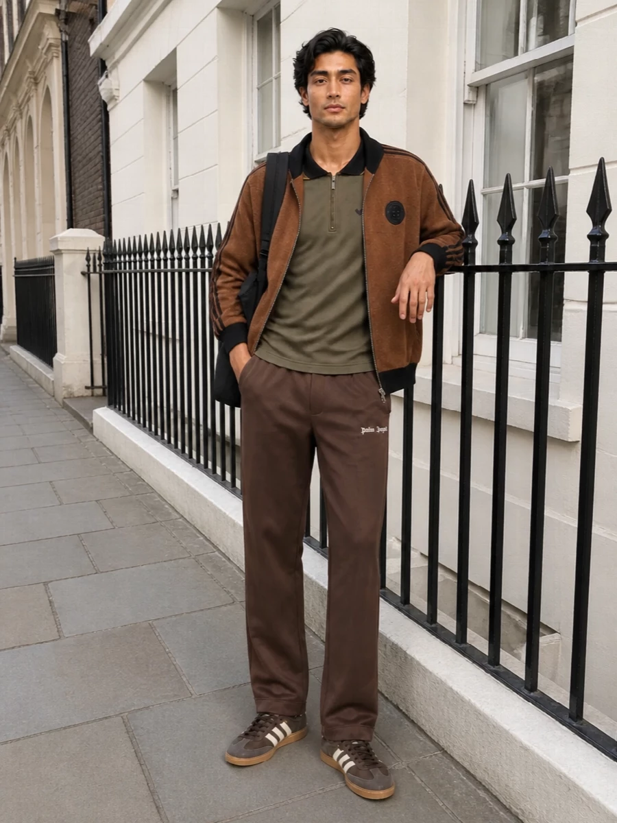 Warm browns, muted olive and sharp black detailing create a cohesive terrace-to-city track story that feels modern without shouting. The relaxed jacket and straight-leg track pant keep lines easy, while the terrace sneakers and Y-3 backpack sharpen it just enough for everyday movement through colder months.