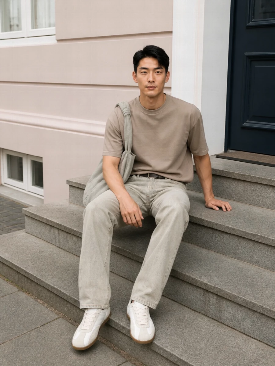 Haikure beige jeans taupe tee sneakers