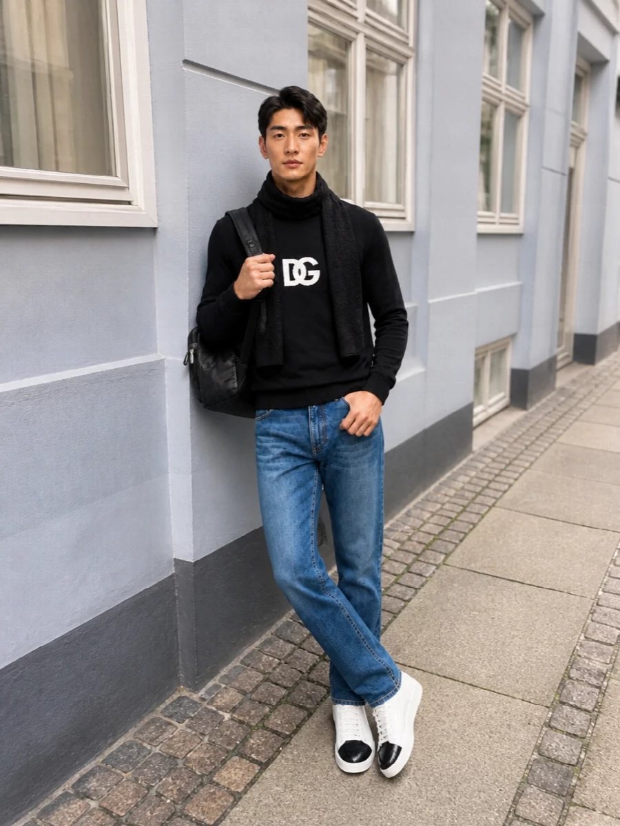 A black DG logo knit and clean straight-leg denim keep the vibe relaxed yet sharply put together. Crisp white sneakers with black detailing and a sleek nylon backpack continue the monochrome story, landing in that sweet spot between off-duty and polished. A subtle black monogram scarf adds a touch of depth when you want the branding dialed up but still controlled.